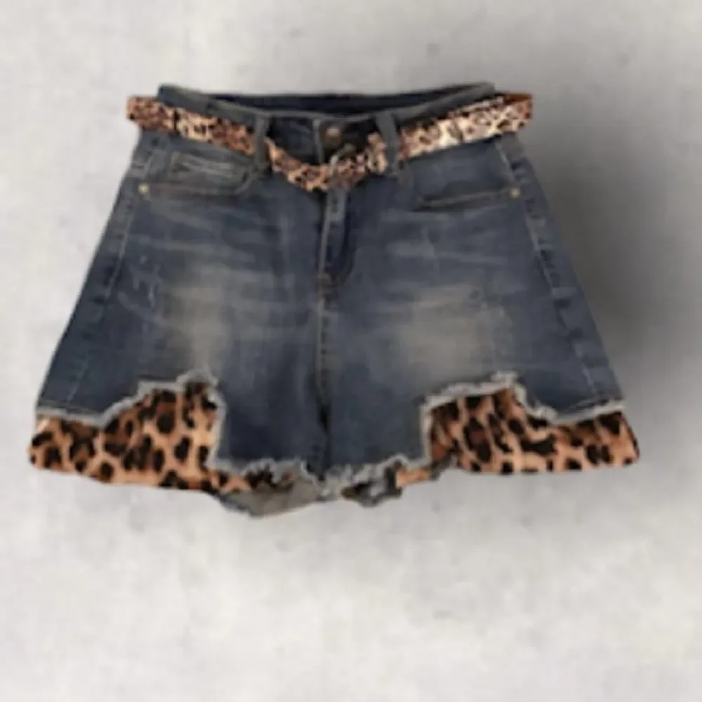 : : New Cut Off Denim Leopard Print Shorts : :